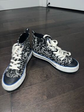 Desigual Black and White Paisley High-Top Sneakers with Blue Trim